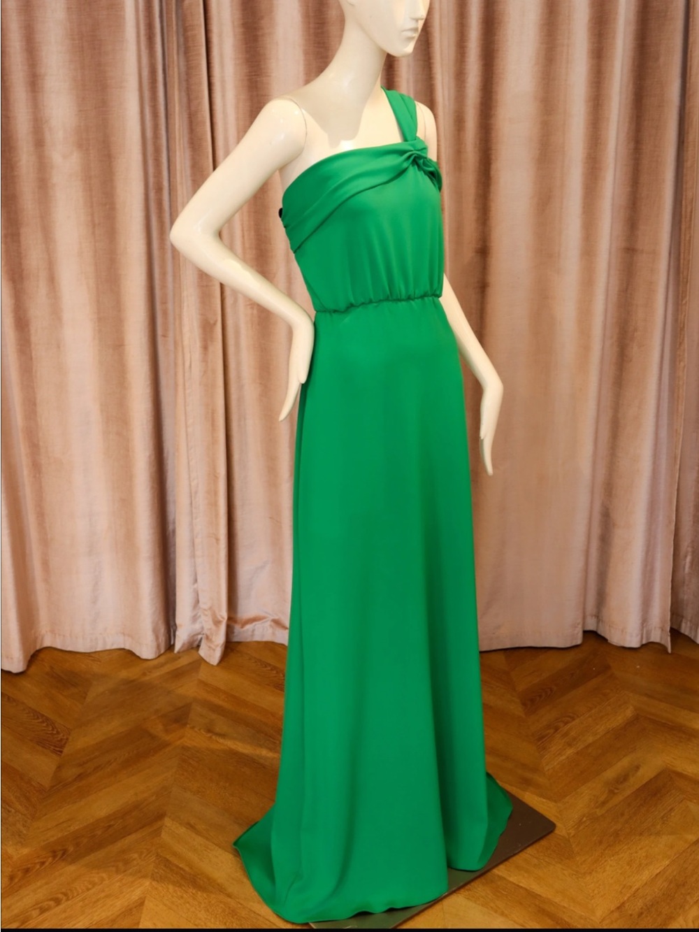 Green One-Shoulder Evening Gown with Knot Detail- David Peck